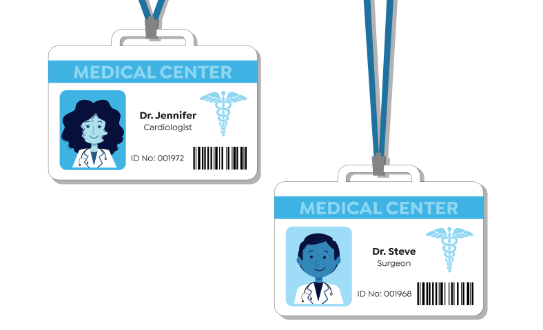 an illustration of two doctors' ID cards containing their names, pictures, and other details