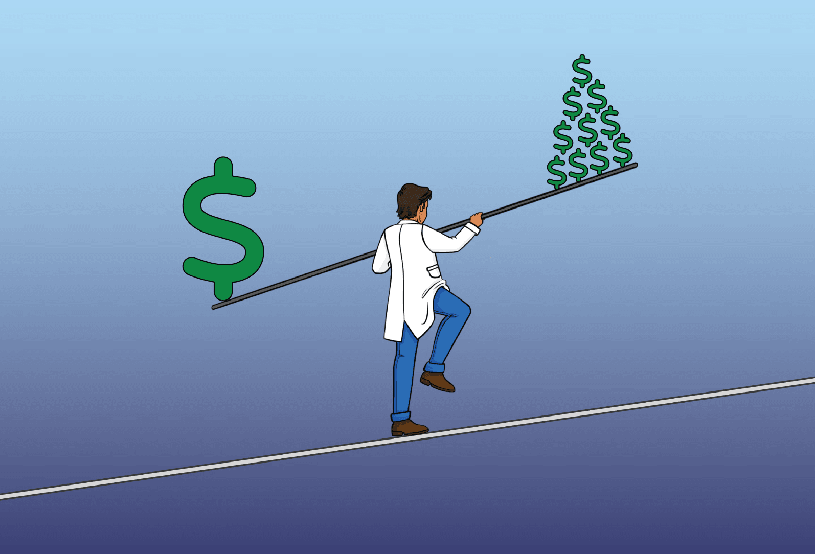 doctor on a zipline balancing a scale with revenue represented as dollar signs