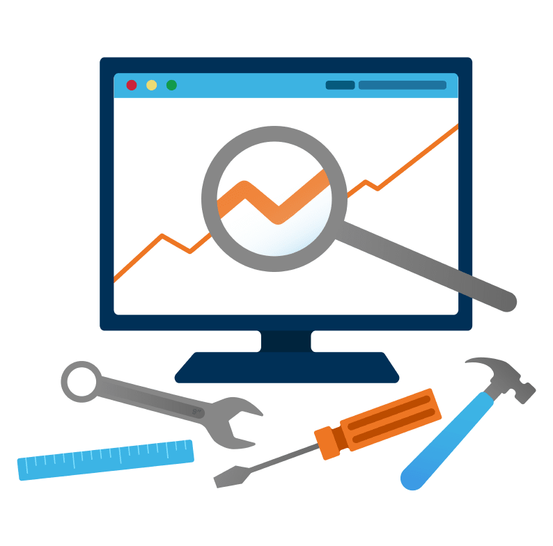 growth arrow under a magnifying glass on a desktop monitor surrounded by different tools, illustration