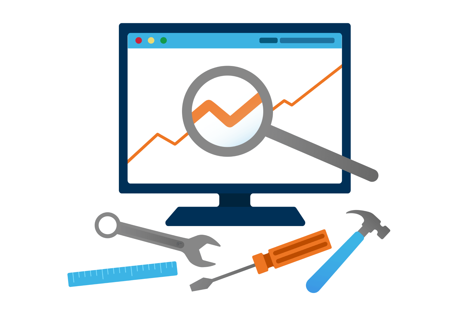 growth arrow under a magnifying glass on a desktop monitor with different tools scattered around it