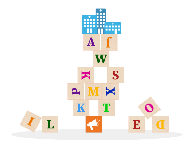 illustration of a hospital standing on top of an advertising puzzle