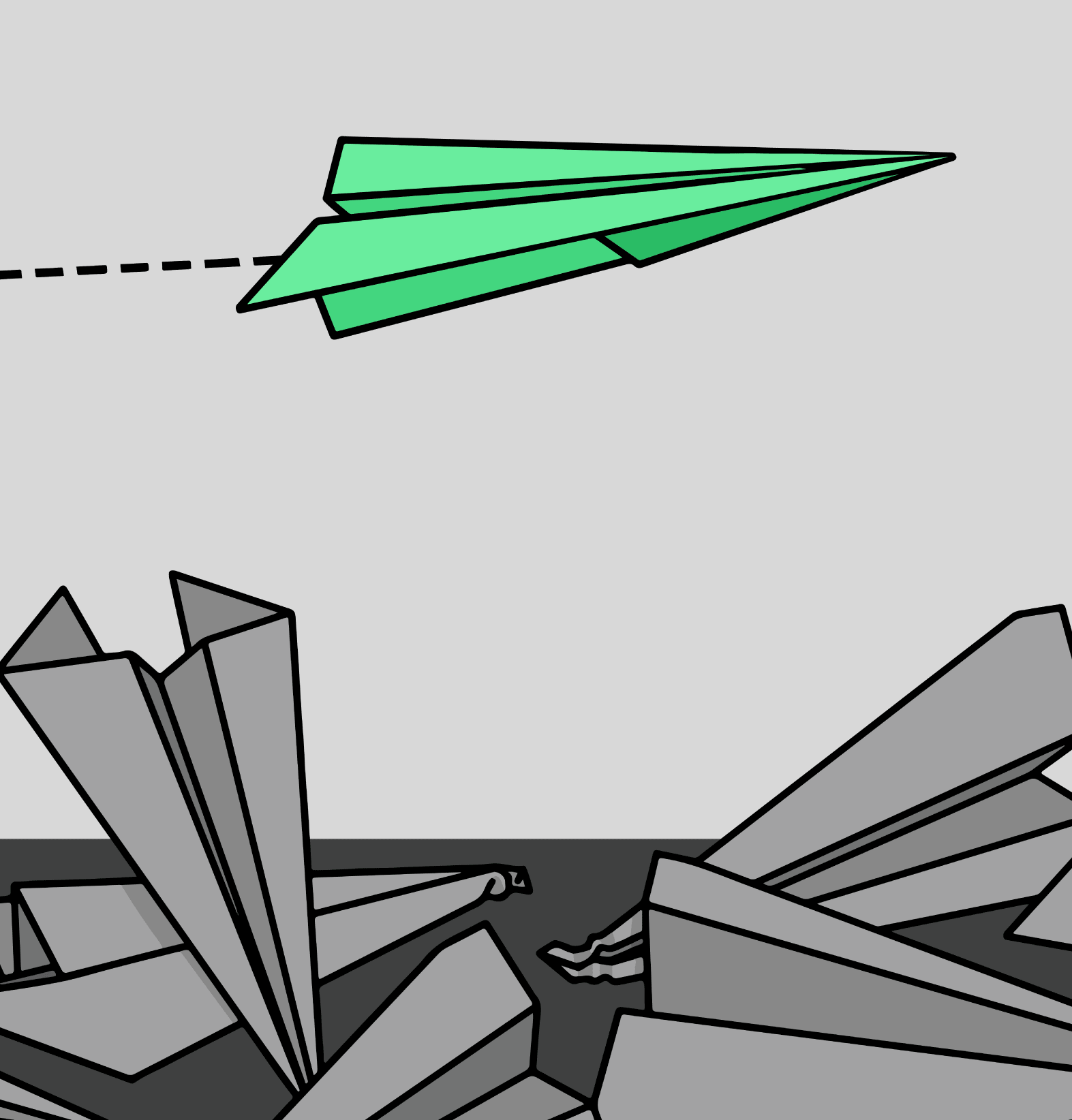 a green paper plane flying over a pile of ruined grey paper planes