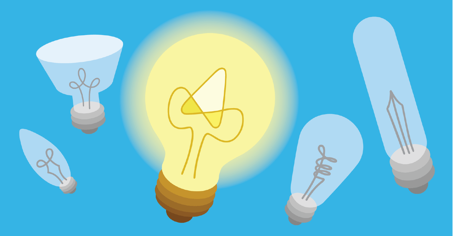 a lit lightbulb surrounded by non-lit lightbulbs