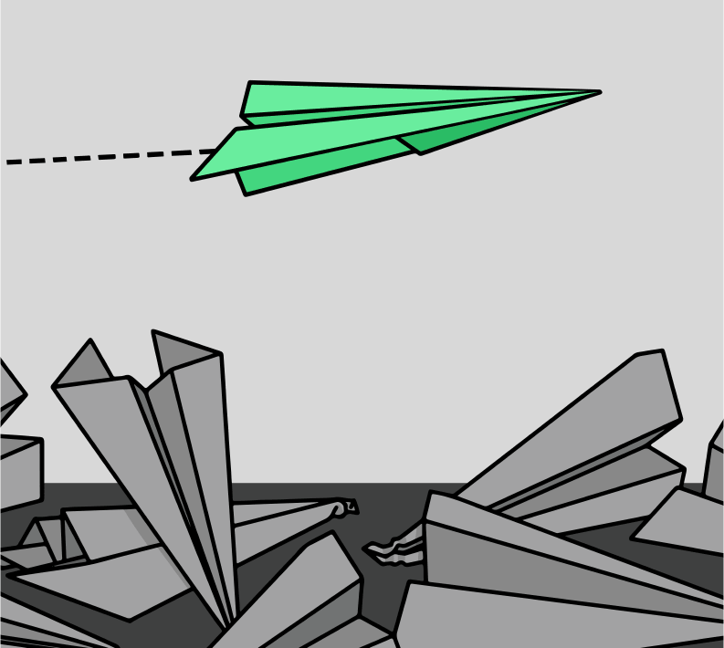 a green paper plane flying over a pile of ruined grey paper planes