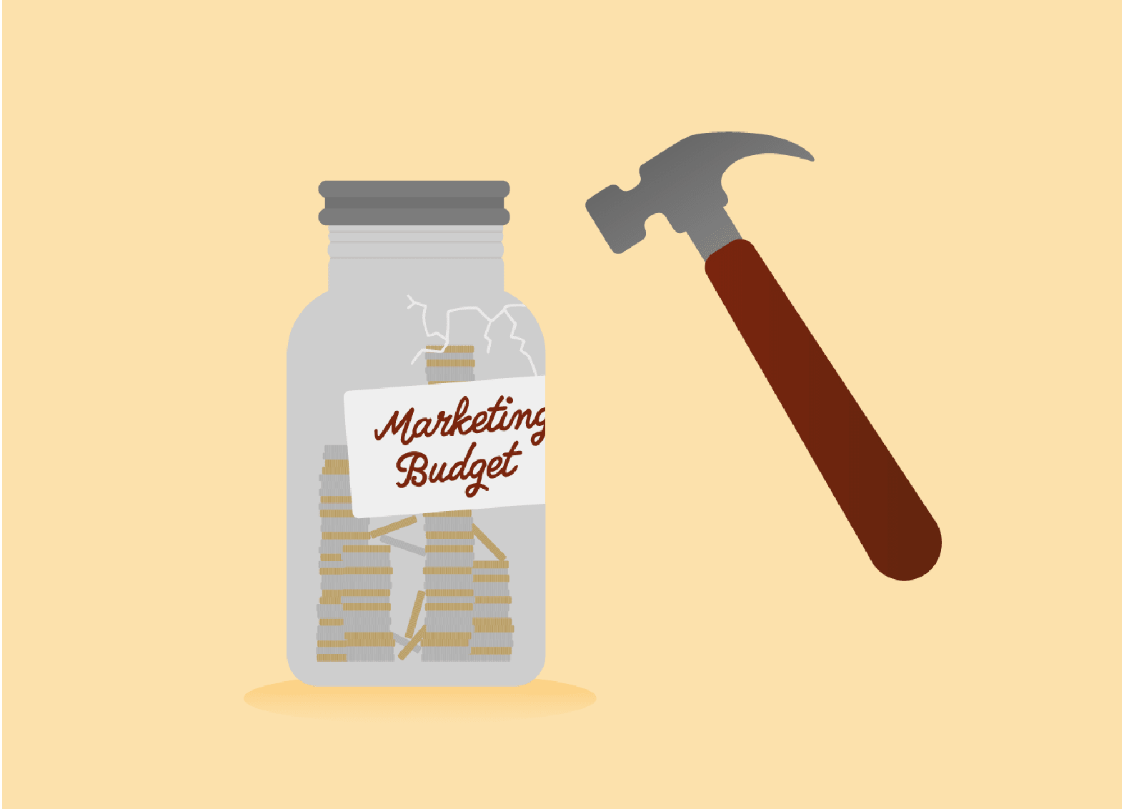 an illustration of a hammer breaking a jar with marketing budget in it