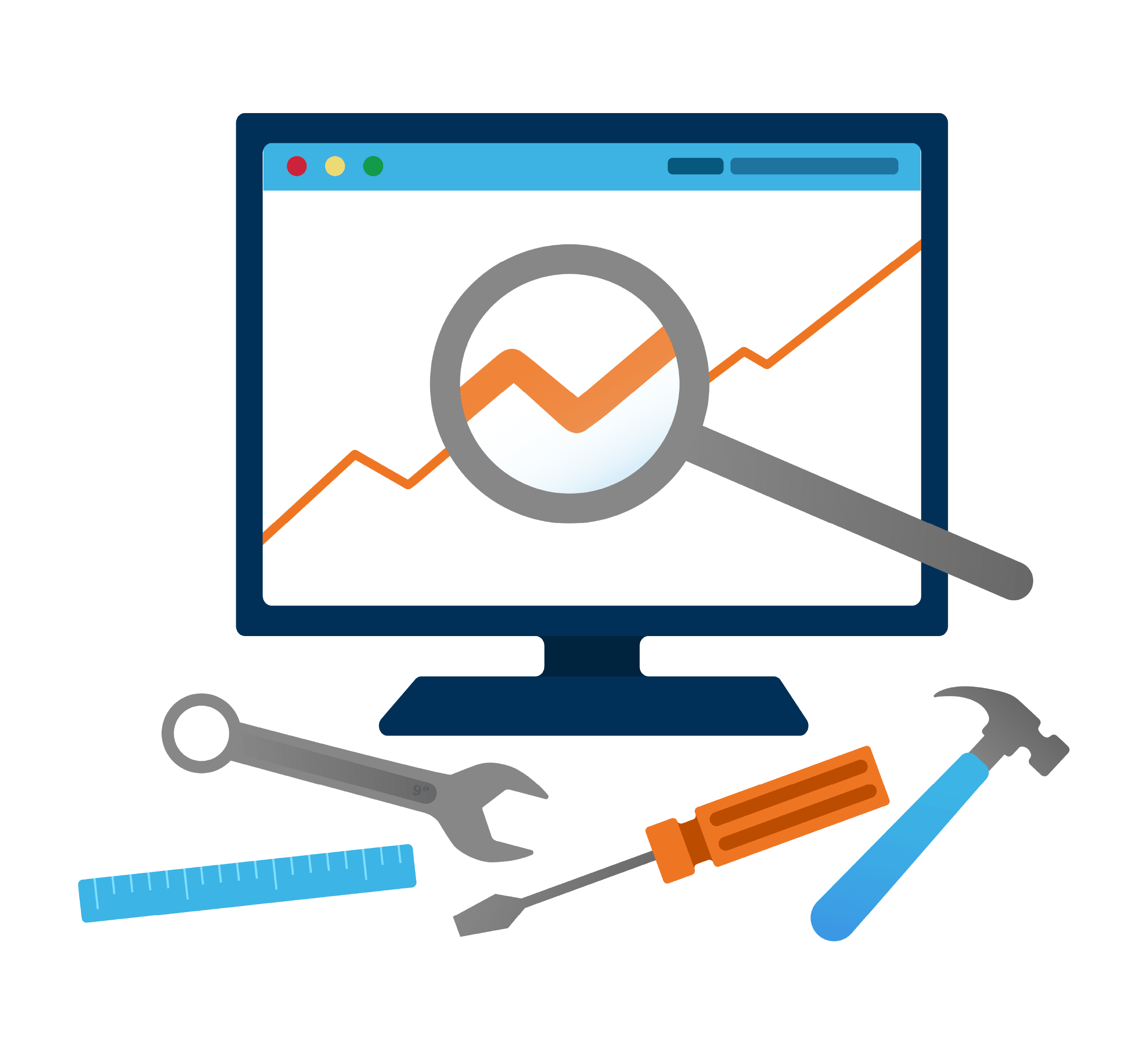A computer monitor displaying a rising graph under a magnifying glass and tools including a wrench, a ruler, a screwdriver, and a hammer in front of the monitor.