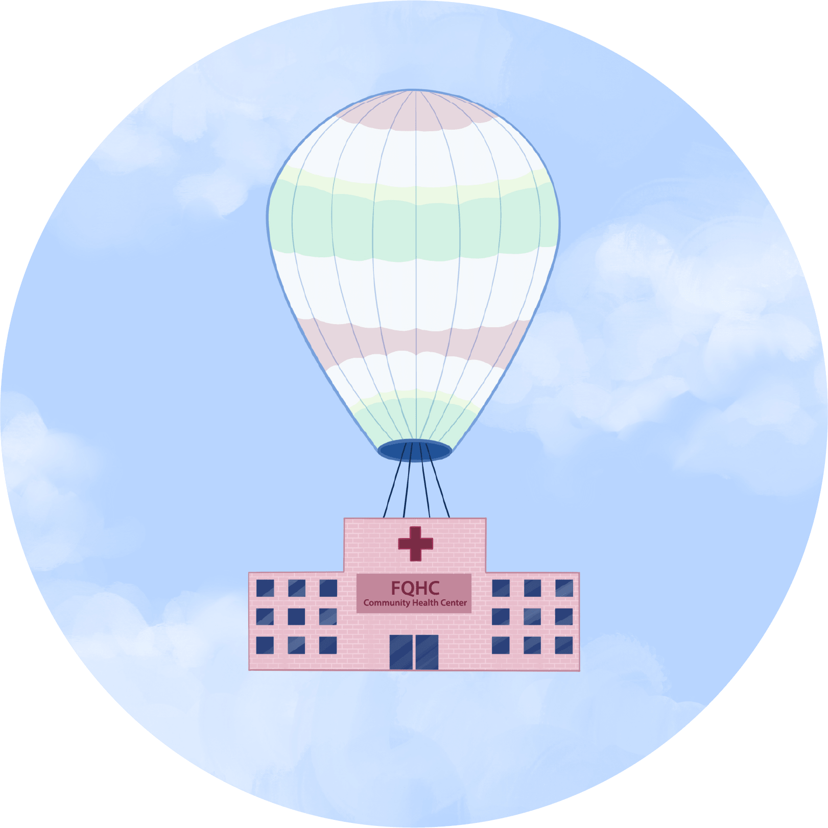 A colorful hot air balloon lifting a Federally Qualified Health Center building.