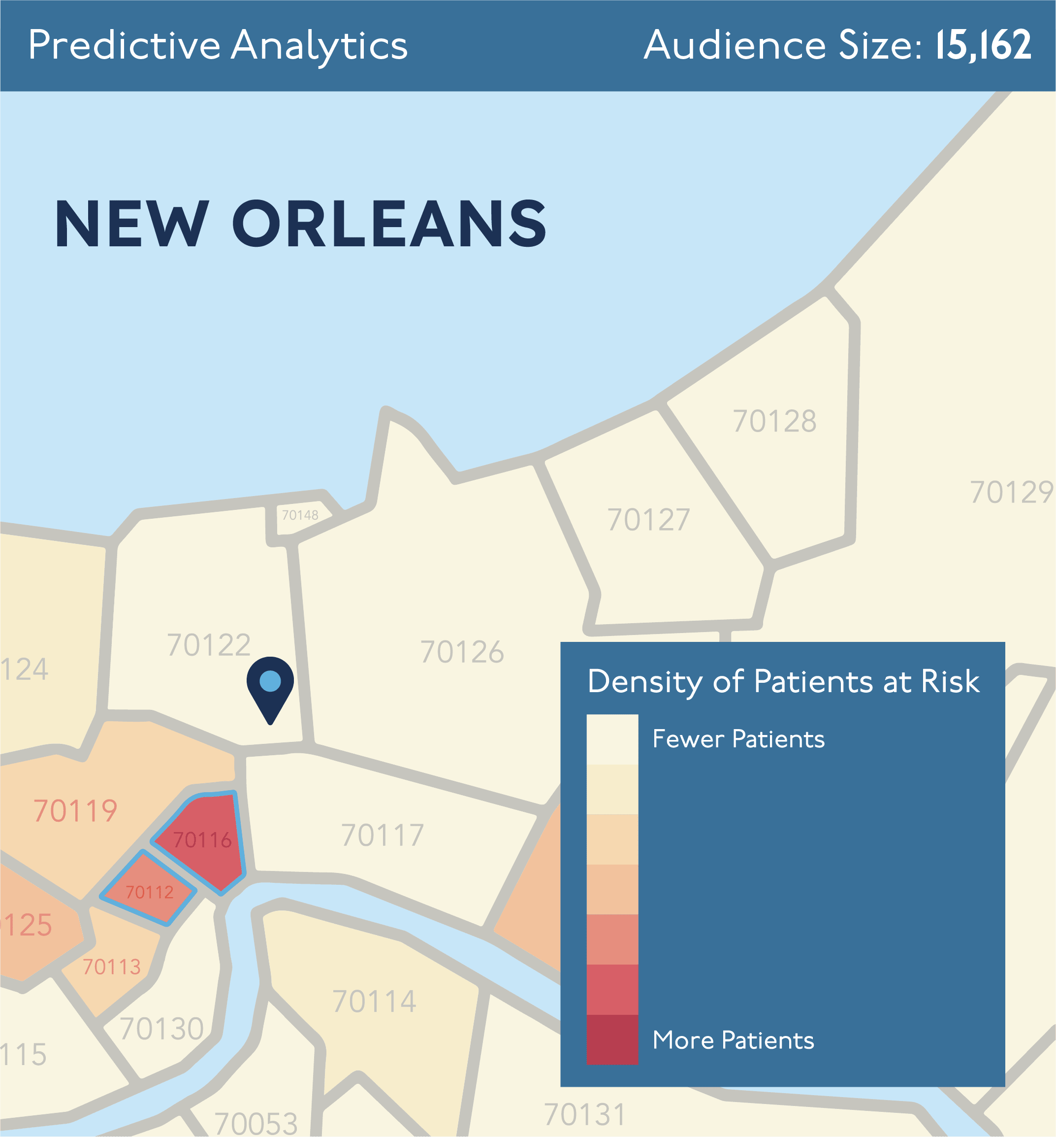 A map of New Orleans segmented by zip codes, showing the density of patients at risk in different areas.