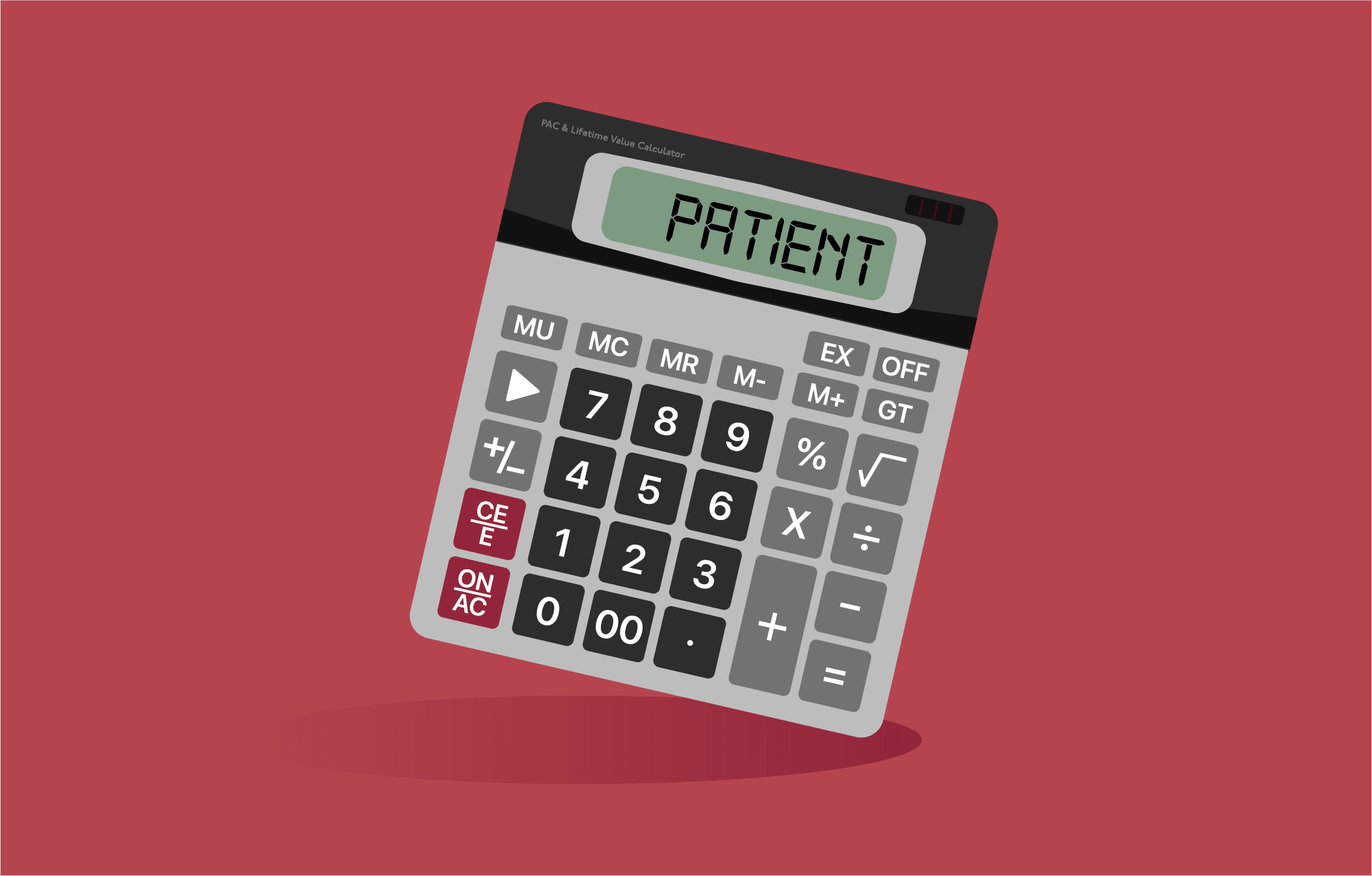 A calculator with the word 'patient' on its screen.