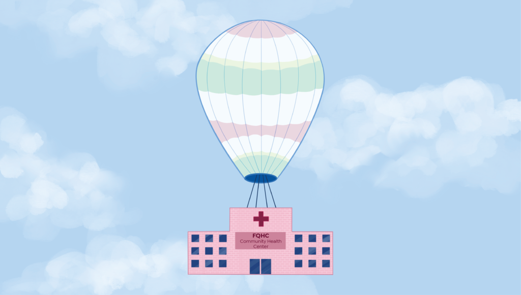 A pink brick FQHC building floating in the sky held up by a hot air balloon.