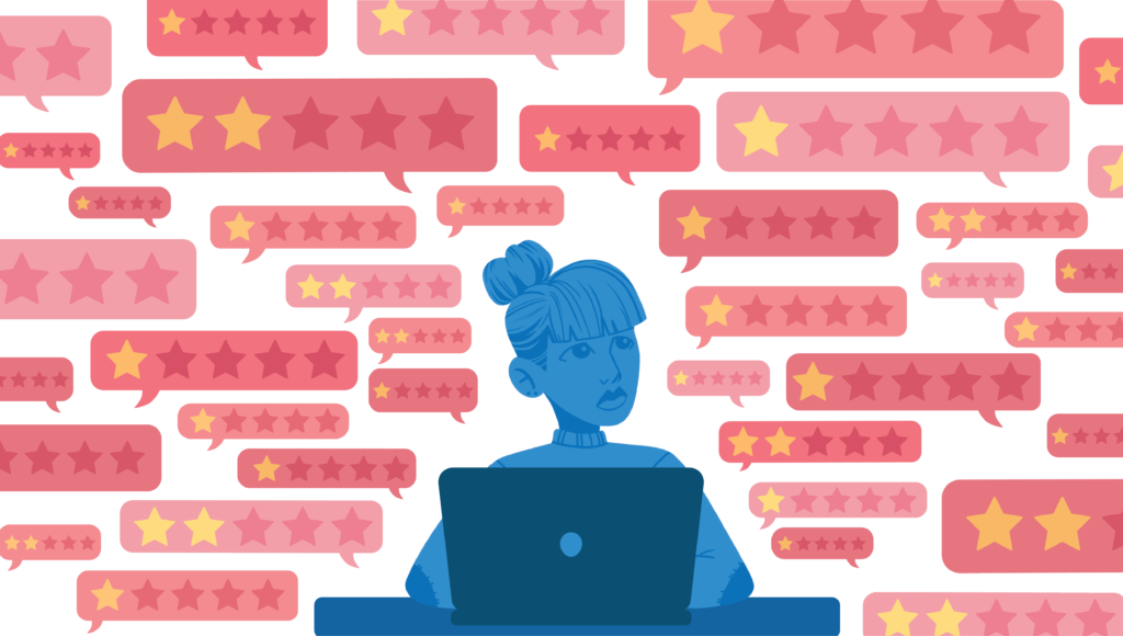 cartoon girl sitting at the computer surrounded by 1 and 2 star review notifications with a red background.
