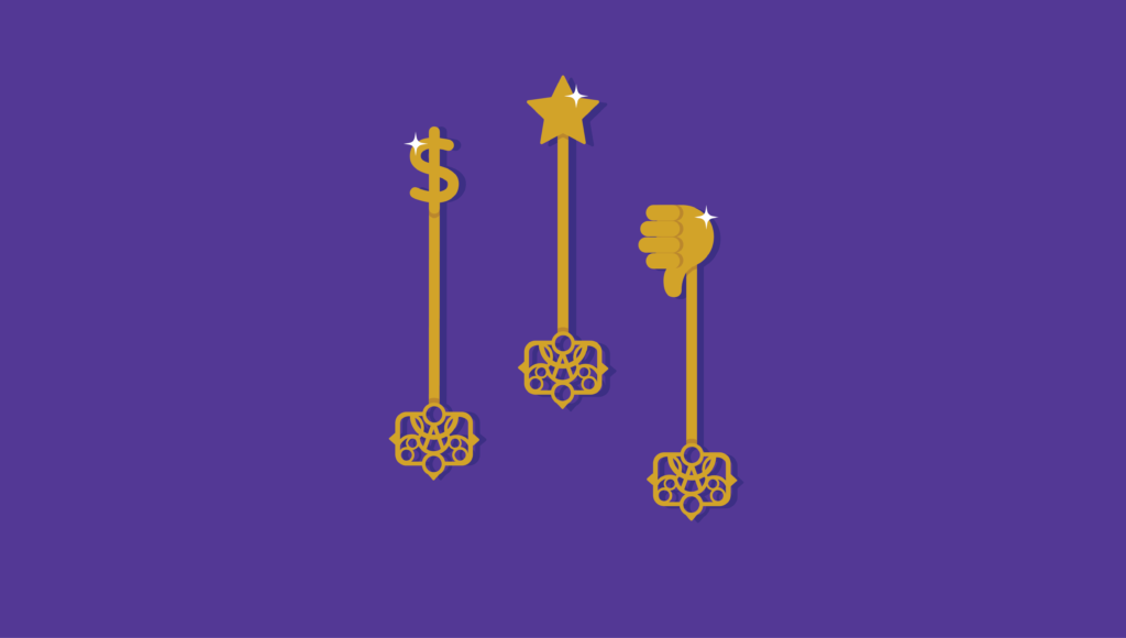 three golden keys sparkling on a purple background, one is a star, one is a dollar sign, and one is a thumbs down