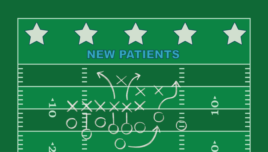 large green football field with yard markers and x's and o's to show where the football players are going for their play with the endzone labeled "new patients"