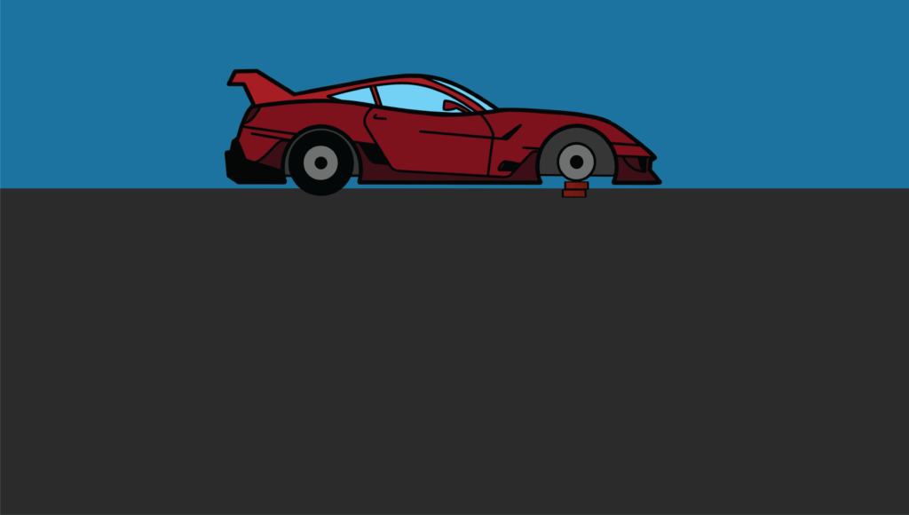 Profile of a bright red sports car missing it's front wheels and sitting on blocks