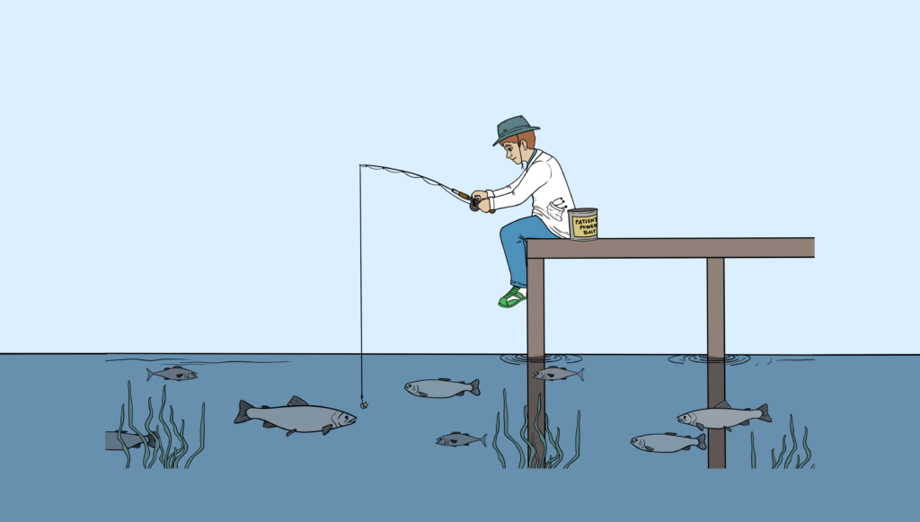 Healthcare Patient Acquisition illustrated by a man fishing off a dock, showing fish swimming all below him.